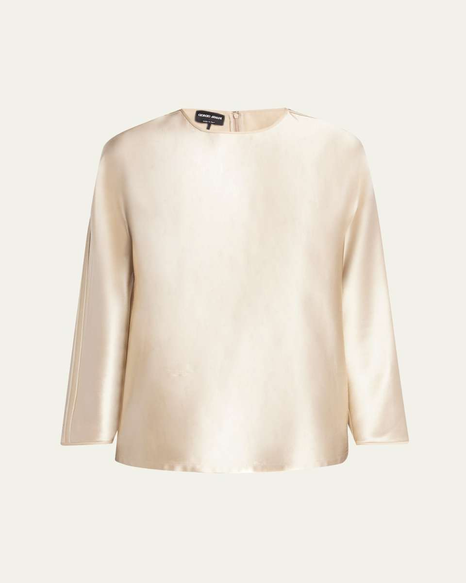 Tonal Piping Long-Sleeve Silk Blouse